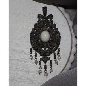 Vintage Sterling Silver Marcasite Stone & Pearls Brooch/Pendant 13.58G /2.6in